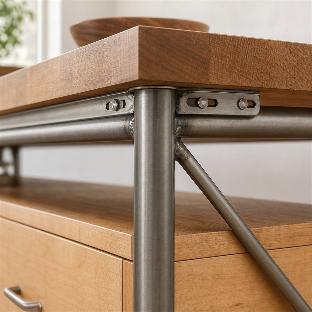 Mobile Kitchen Cart With a Butcher-Block Top and Steel Frame - wood-to-steel interface detail