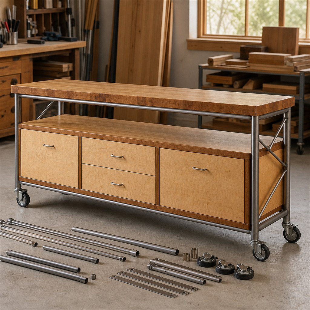 Mobile Kitchen Cart With a Butcher-Block Top and Steel Frame - workshop dry-assembly view