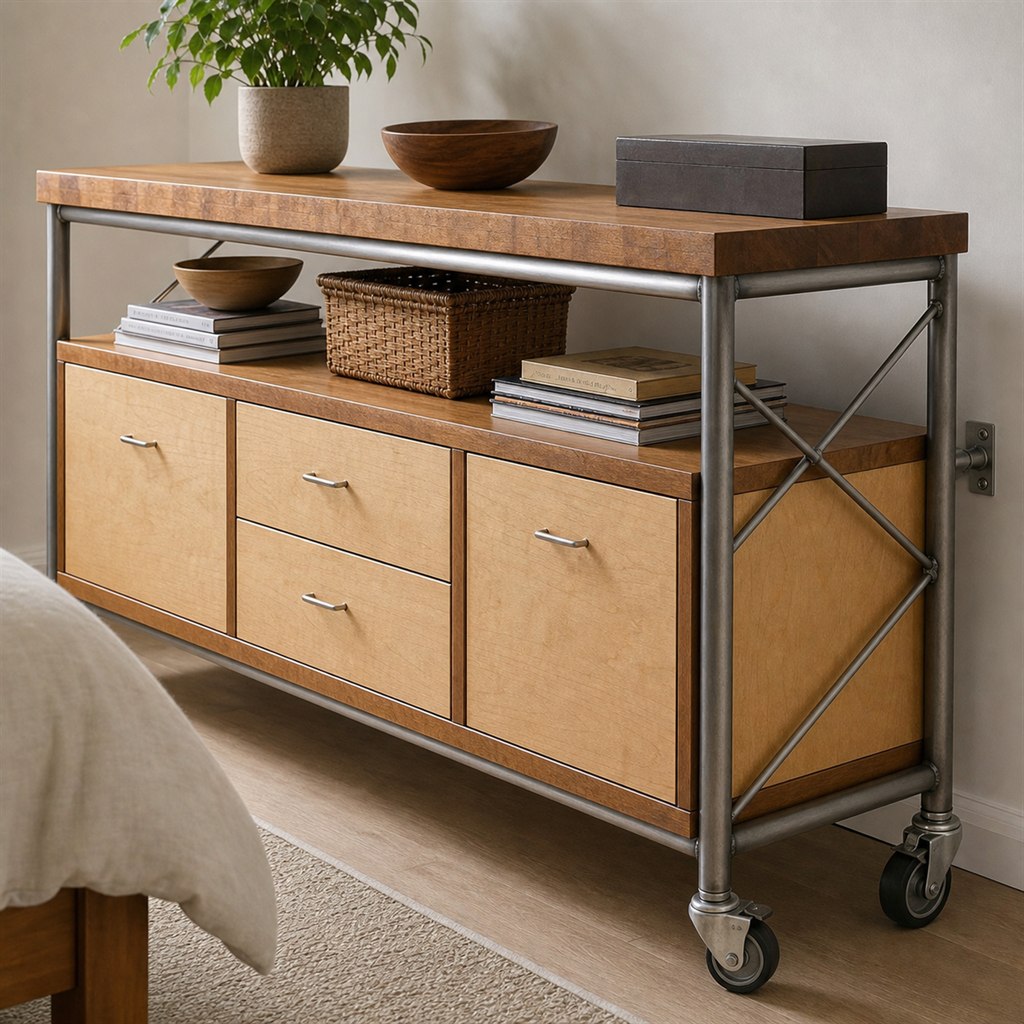Mobile Kitchen Cart With a Butcher-Block Top and Steel Frame - finished material detail