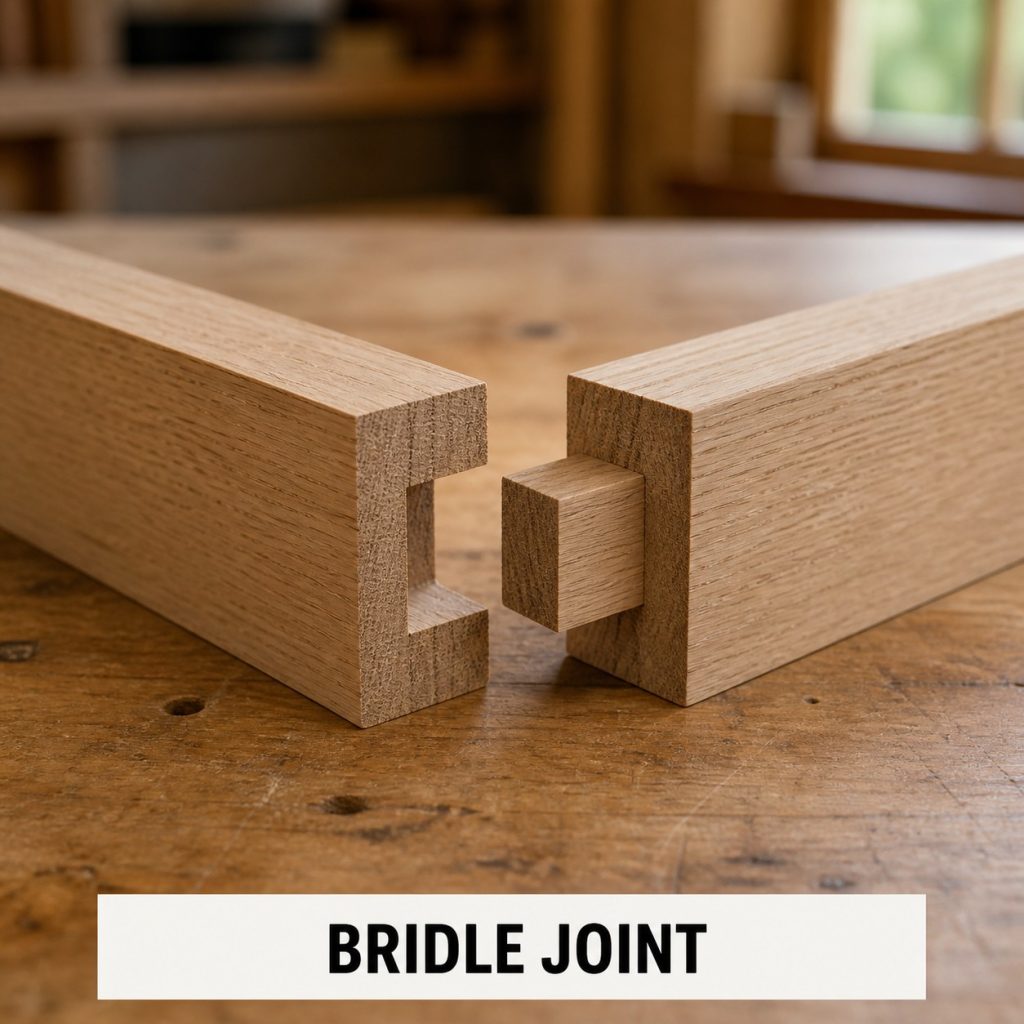 Photorealistic labeled example of Frame Bridle Joint showing the woodworking connection.