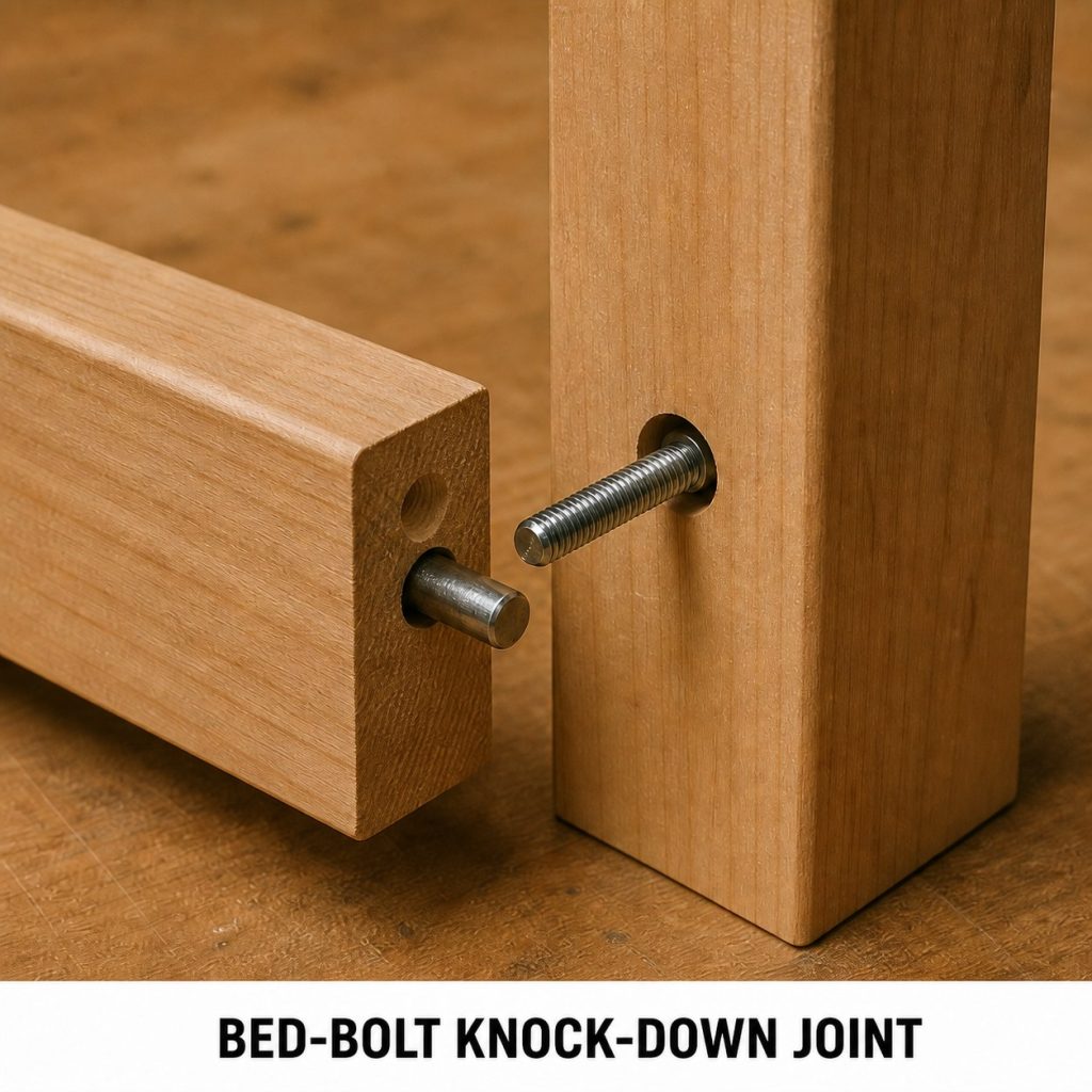 Photorealistic labeled example of Bed-Bolt Knock-Down Joint showing the woodworking connection.