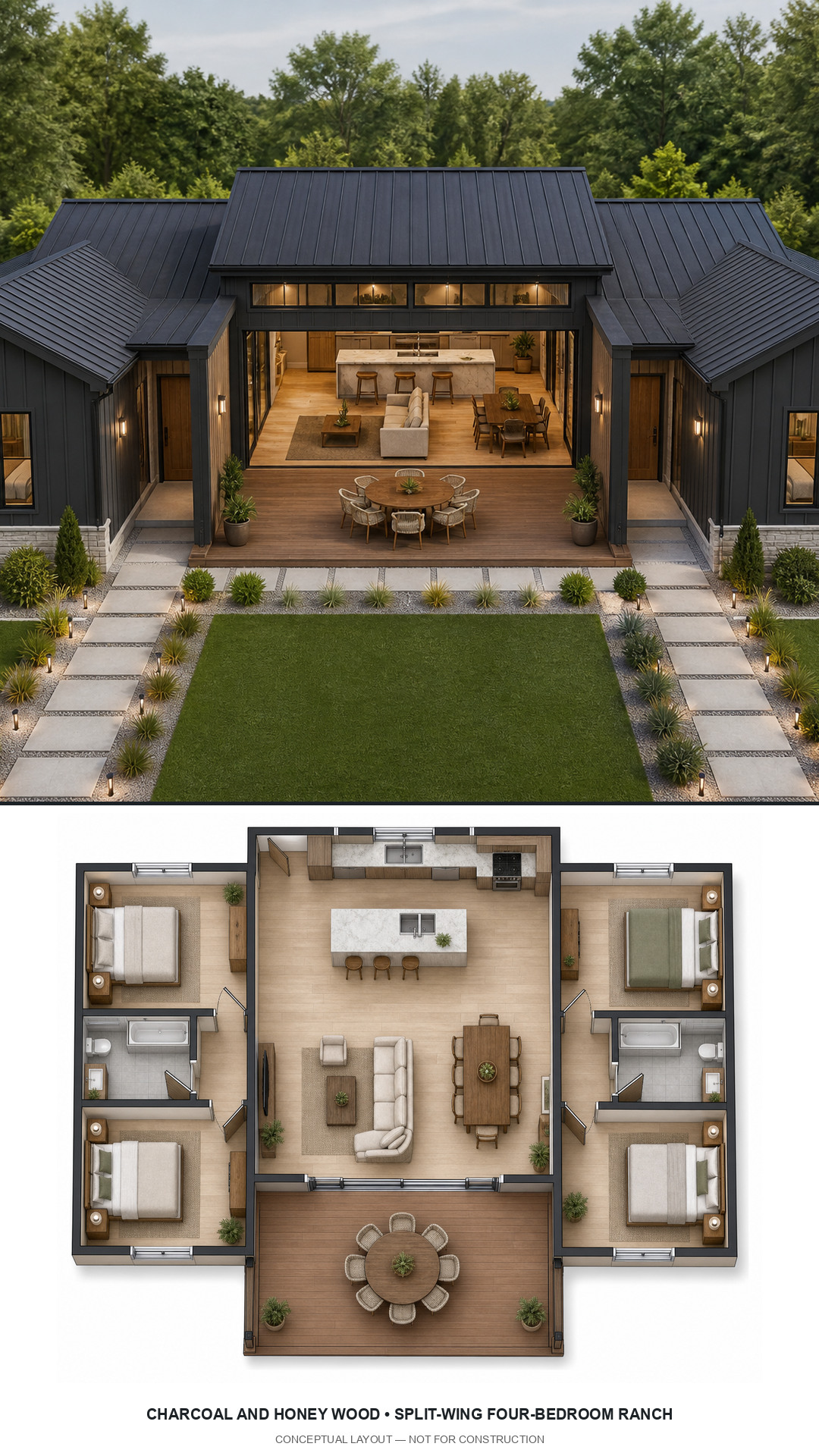 Charcoal and Honey Wood Split-Wing Four-Bedroom Ranch exterior and furnished conceptual floor plan