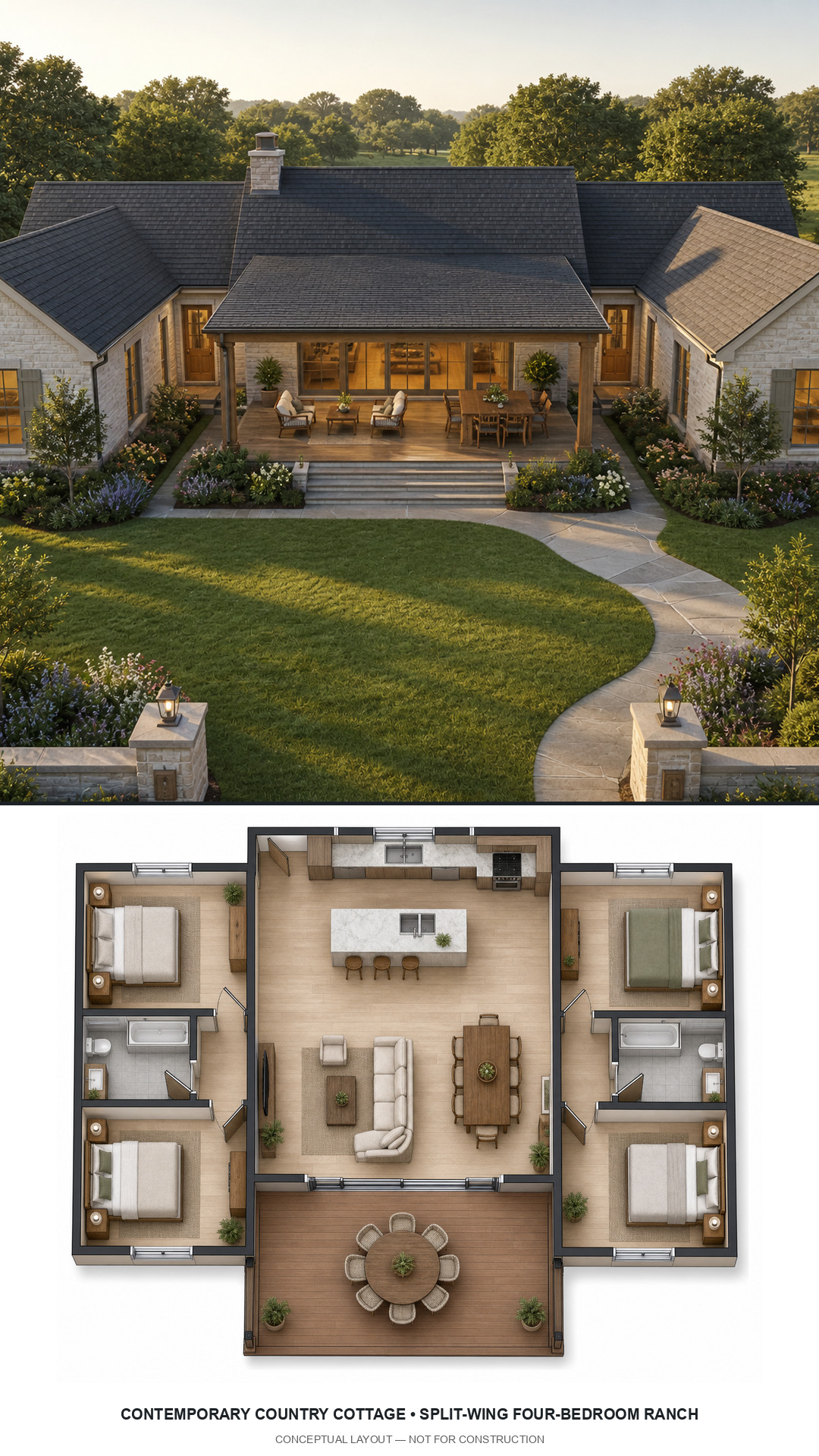 Contemporary Country Cottage Split-Wing Four-Bedroom Ranch exterior and furnished conceptual floor plan