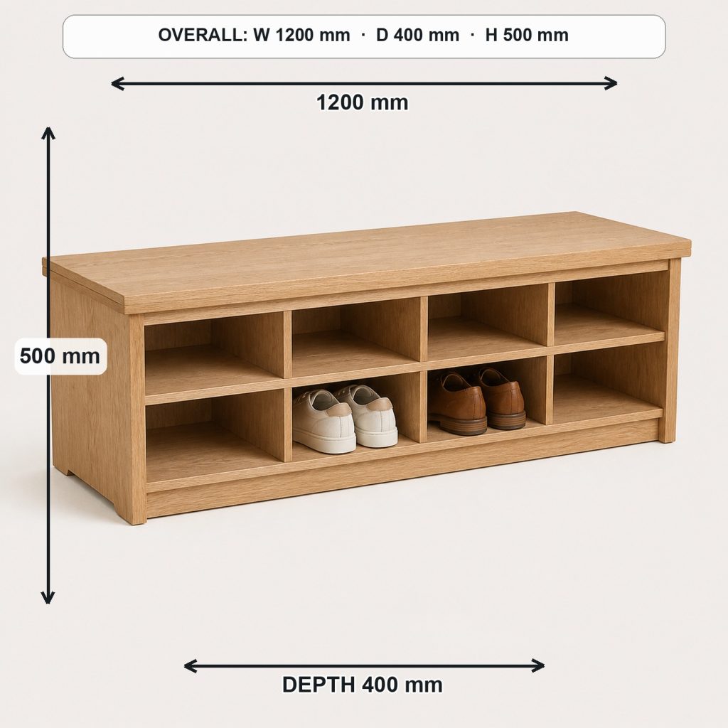 white-oak entryway shoe bench complete three-quarter project view, overall dimensions 1200 mm wide × 400 mm deep × 500 mm high