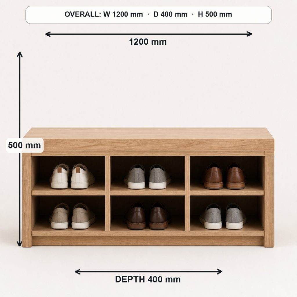 white-oak entryway shoe bench front elevation and overall proportions, overall dimensions 1200 mm wide × 400 mm deep × 500 mm high