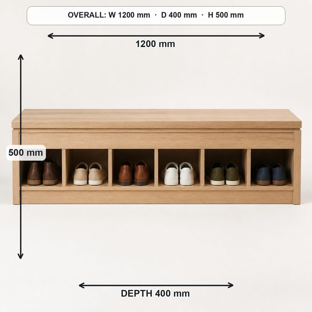 white-oak entryway shoe bench side elevation and depth, overall dimensions 1200 mm wide × 400 mm deep × 500 mm high