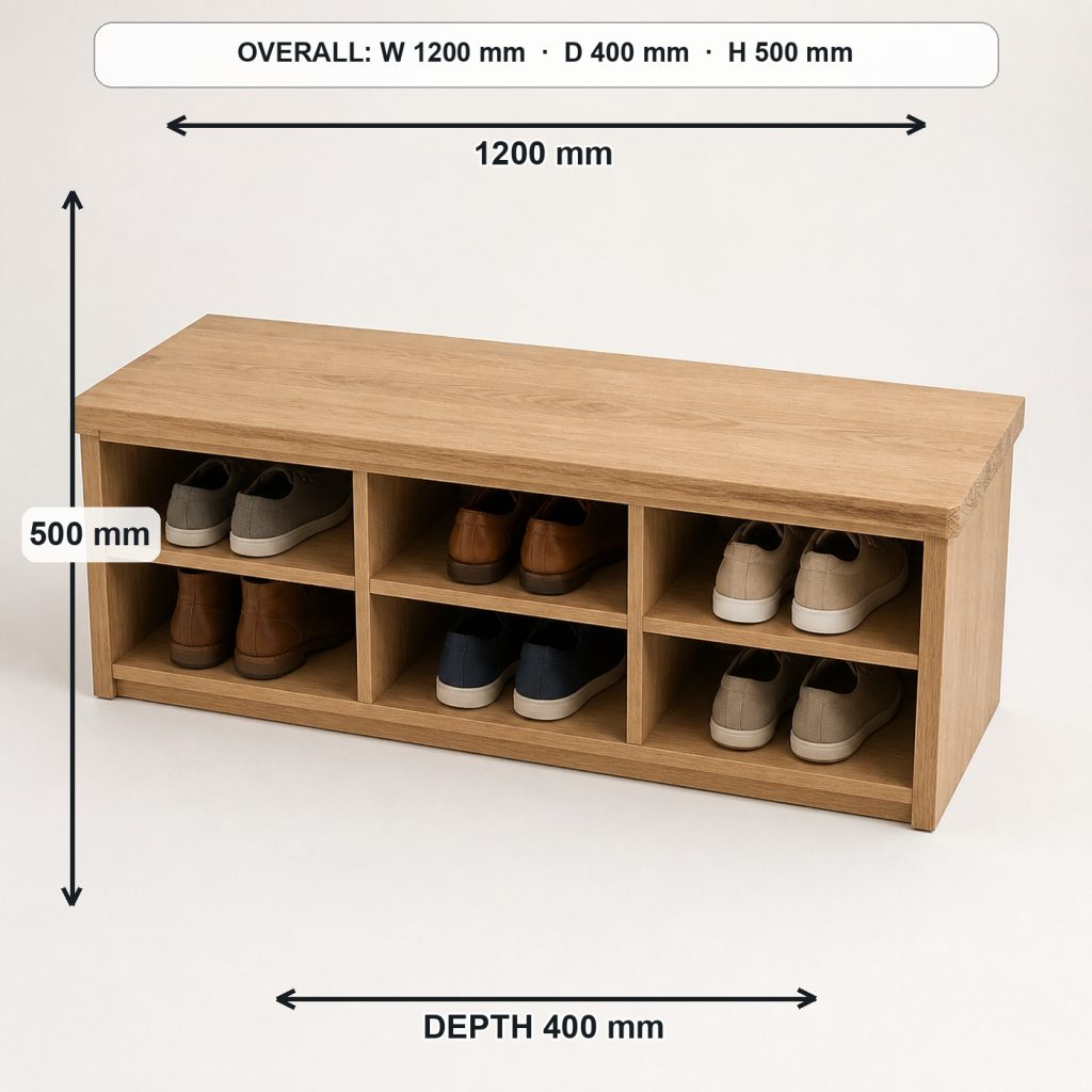 white-oak entryway shoe bench top view and usable surface, overall dimensions 1200 mm wide × 400 mm deep × 500 mm high