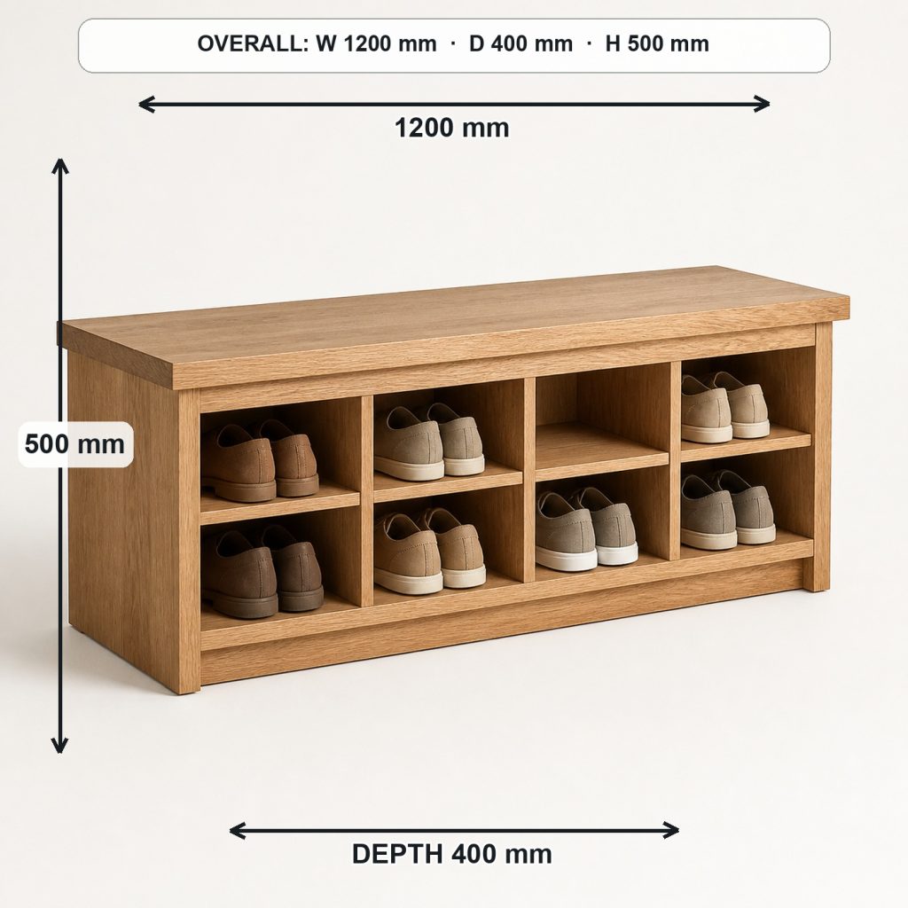 white-oak entryway shoe bench rear construction and support, overall dimensions 1200 mm wide × 400 mm deep × 500 mm high