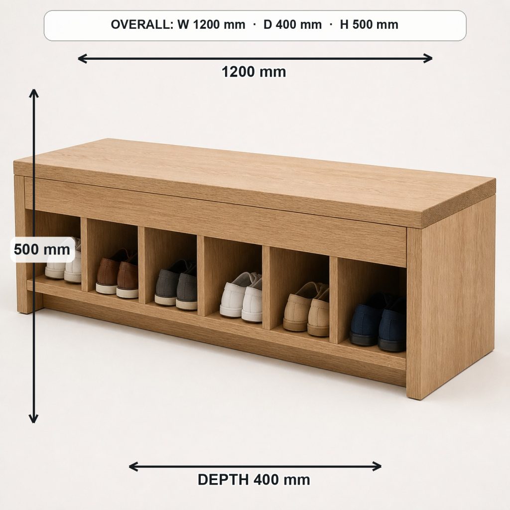 white-oak entryway shoe bench primary joinery detail, overall dimensions 1200 mm wide × 400 mm deep × 500 mm high