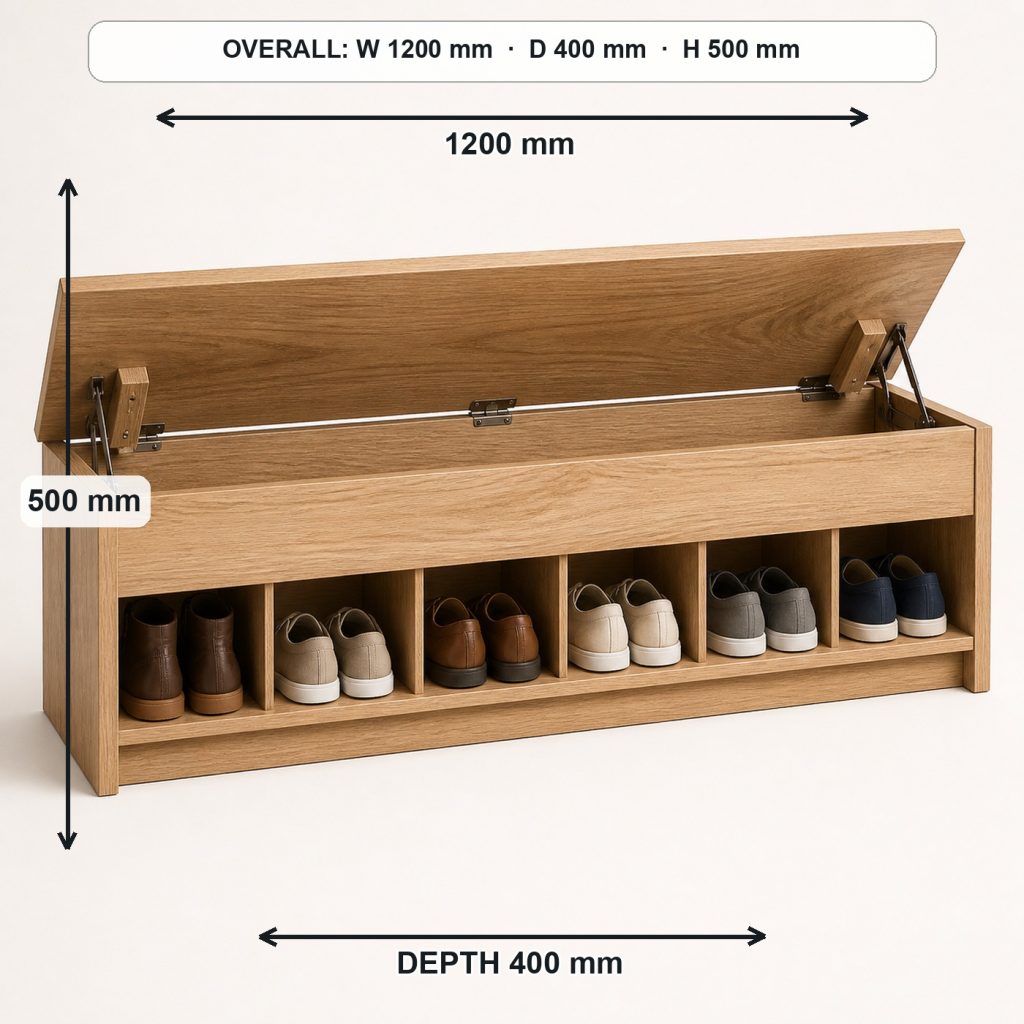 white-oak entryway shoe bench storage or functional detail, overall dimensions 1200 mm wide × 400 mm deep × 500 mm high