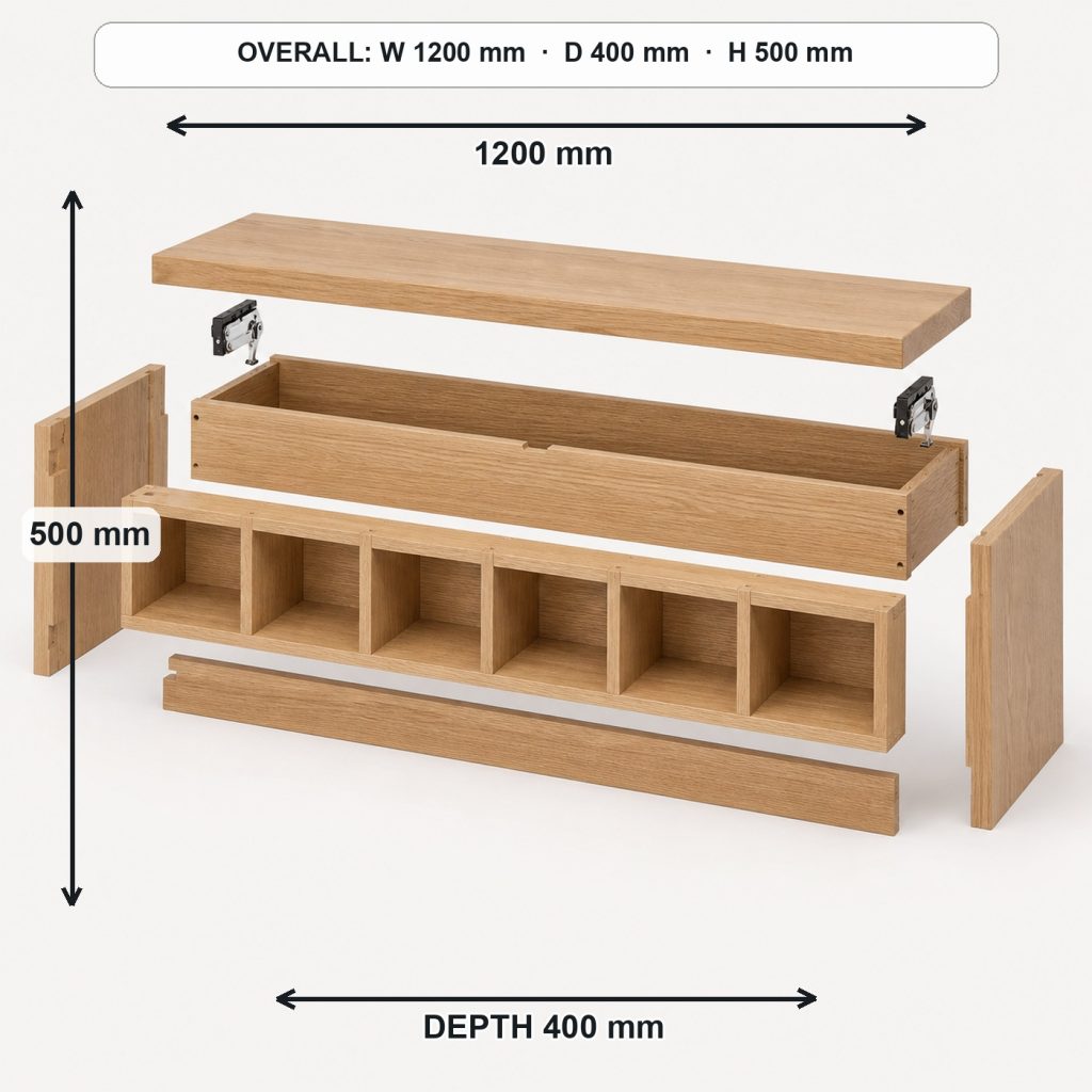 white-oak entryway shoe bench exploded construction overview, overall dimensions 1200 mm wide × 400 mm deep × 500 mm high