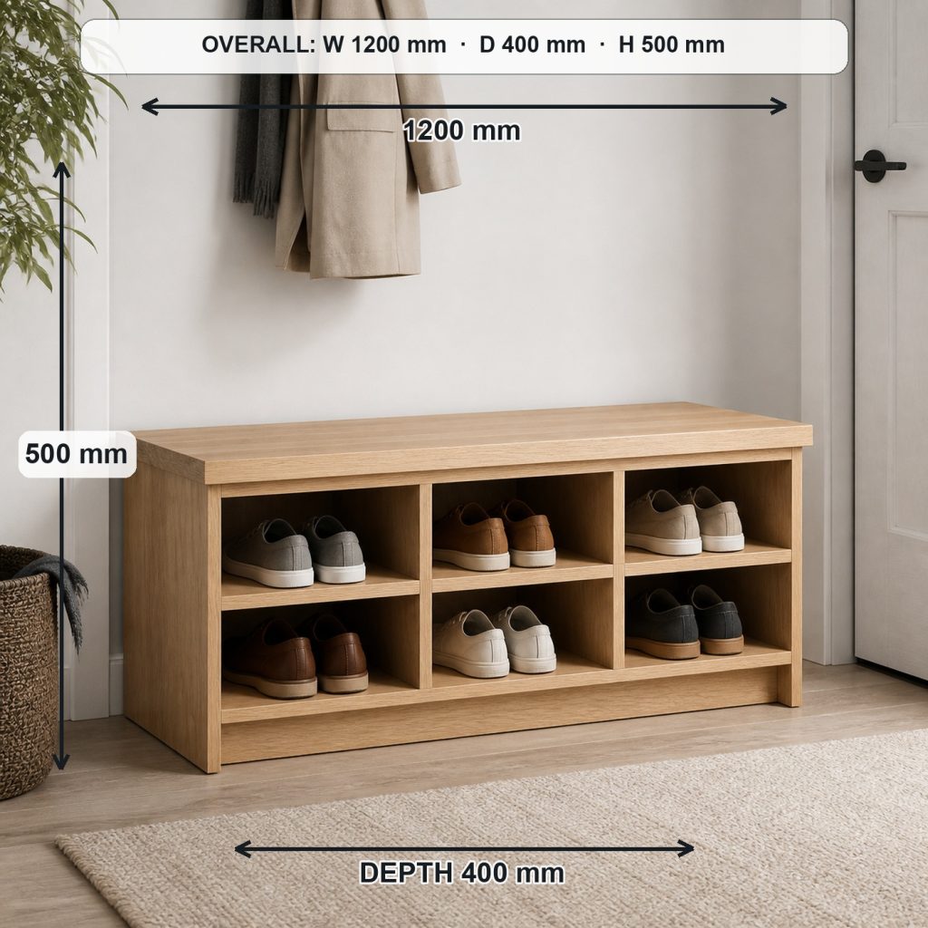 white-oak entryway shoe bench project shown in a real room, overall dimensions 1200 mm wide × 400 mm deep × 500 mm high
