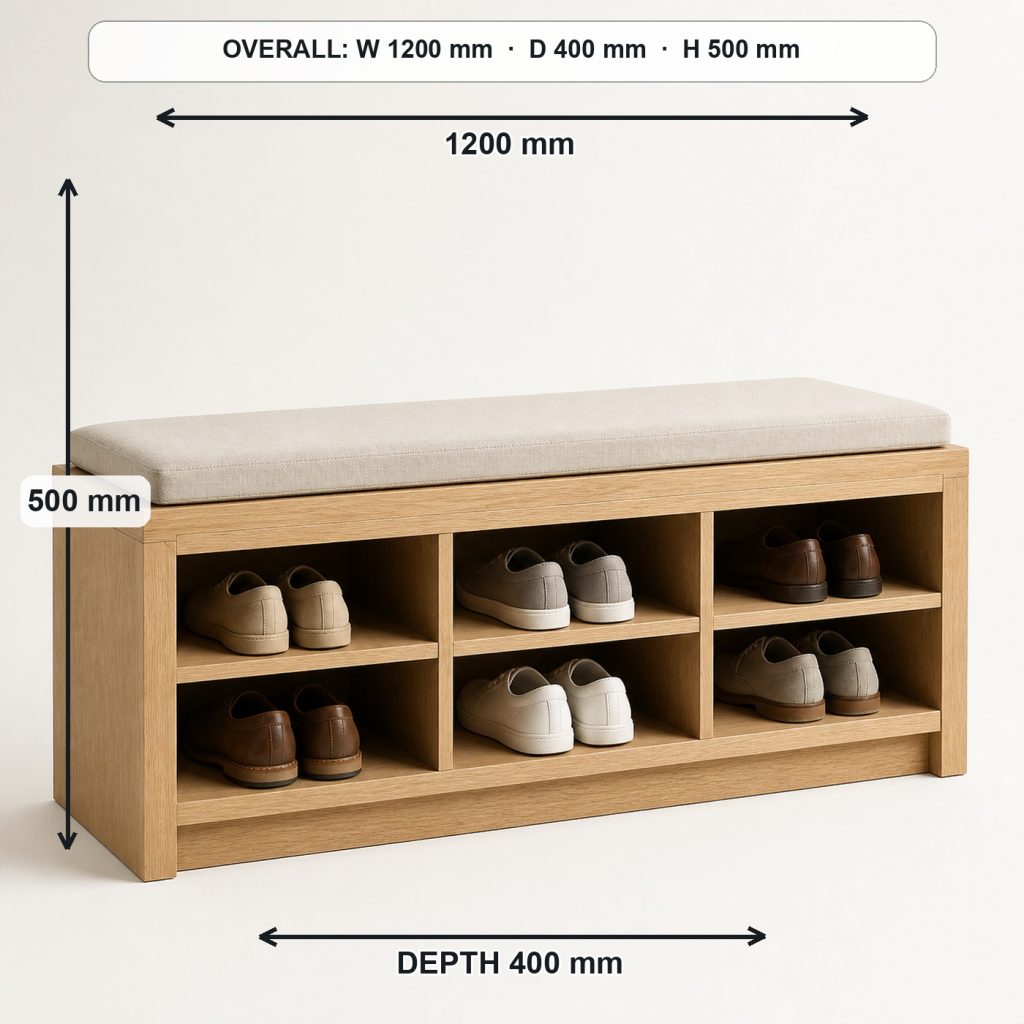 white-oak entryway shoe bench finished project variation, overall dimensions 1200 mm wide × 400 mm deep × 500 mm high