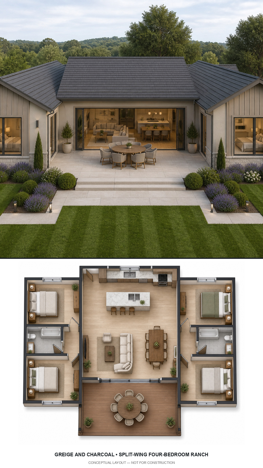 Greige and Charcoal Split-Wing Four-Bedroom Ranch exterior and furnished conceptual floor plan