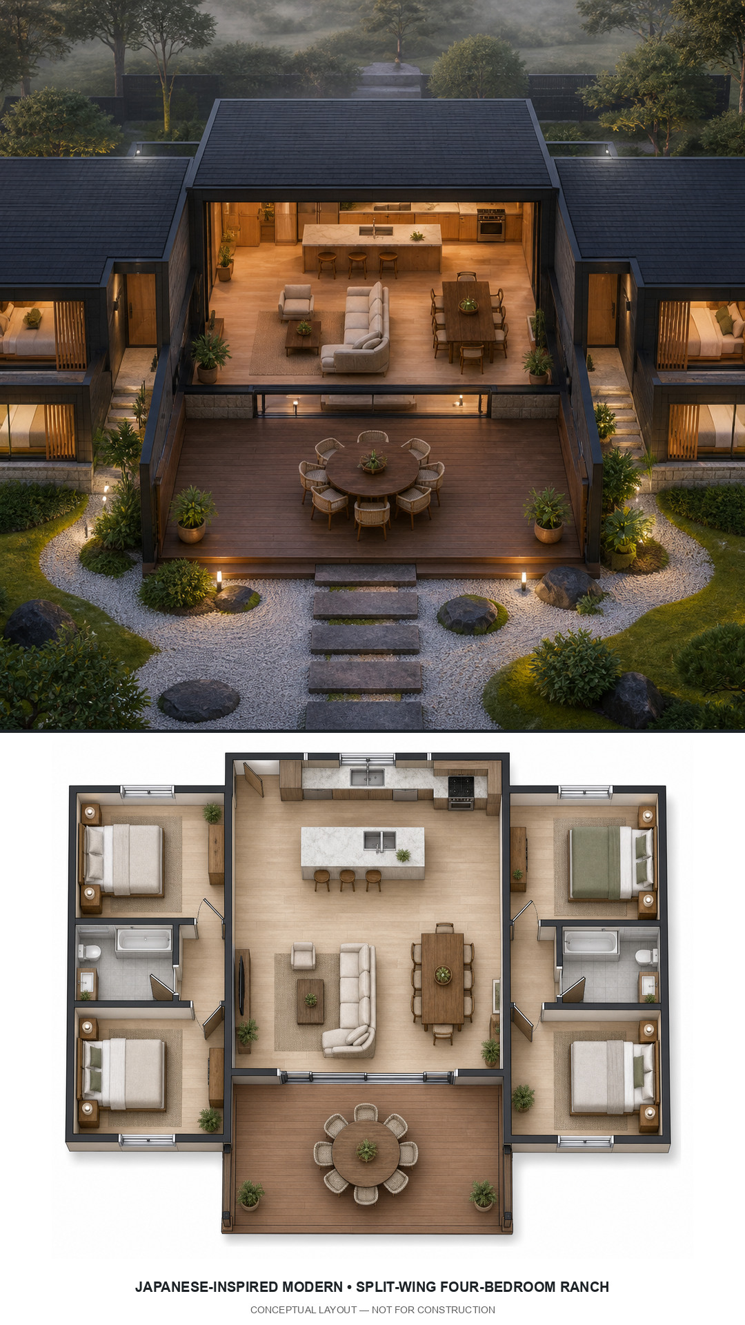 Japanese-Inspired Modern Split-Wing Four-Bedroom Ranch exterior and furnished conceptual floor plan