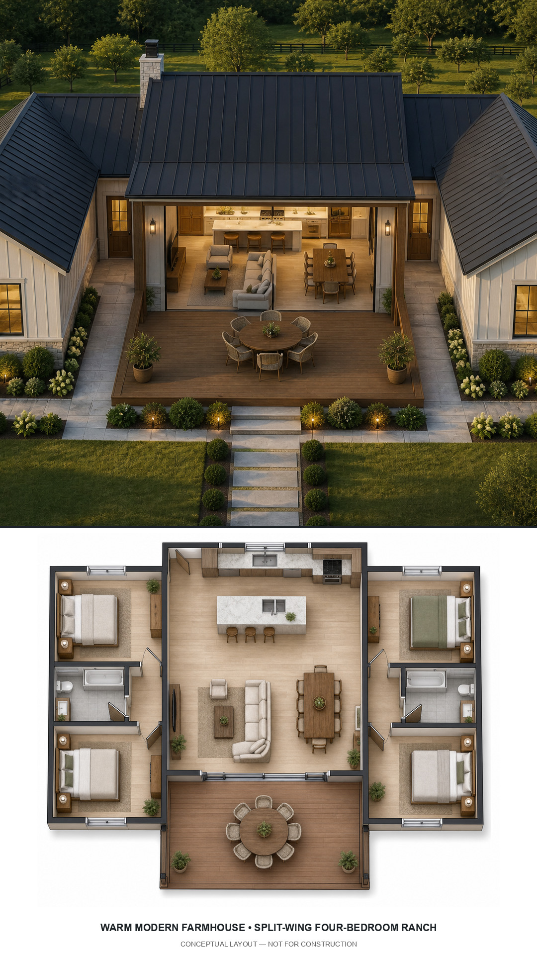 Warm Modern Farmhouse Split-Wing Four-Bedroom Ranch exterior and furnished conceptual floor plan