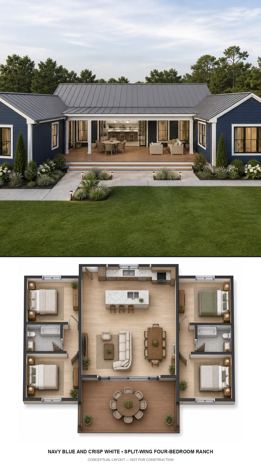 Navy Blue and Crisp White Split-Wing Four-Bedroom Ranch exterior and furnished conceptual floor plan