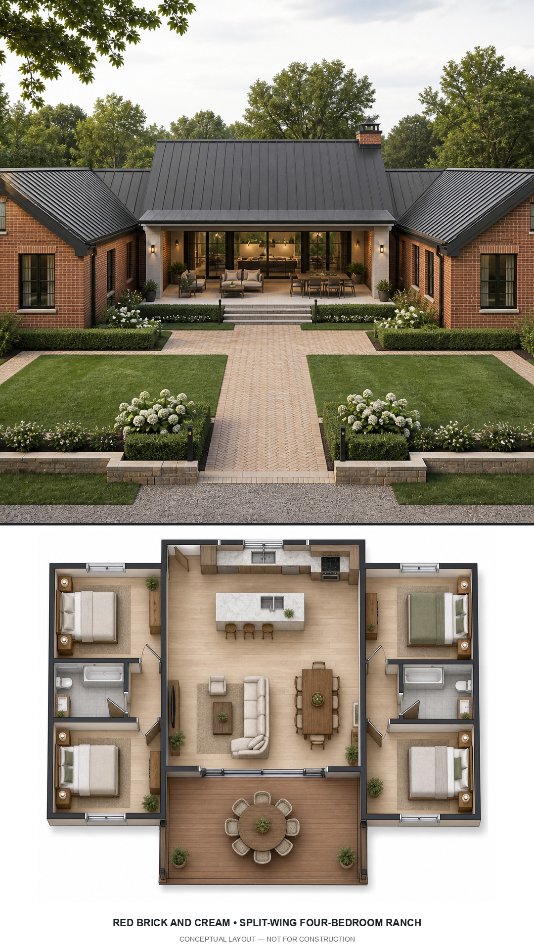 Red Brick and Cream Split-Wing Four-Bedroom Ranch exterior and furnished conceptual floor plan