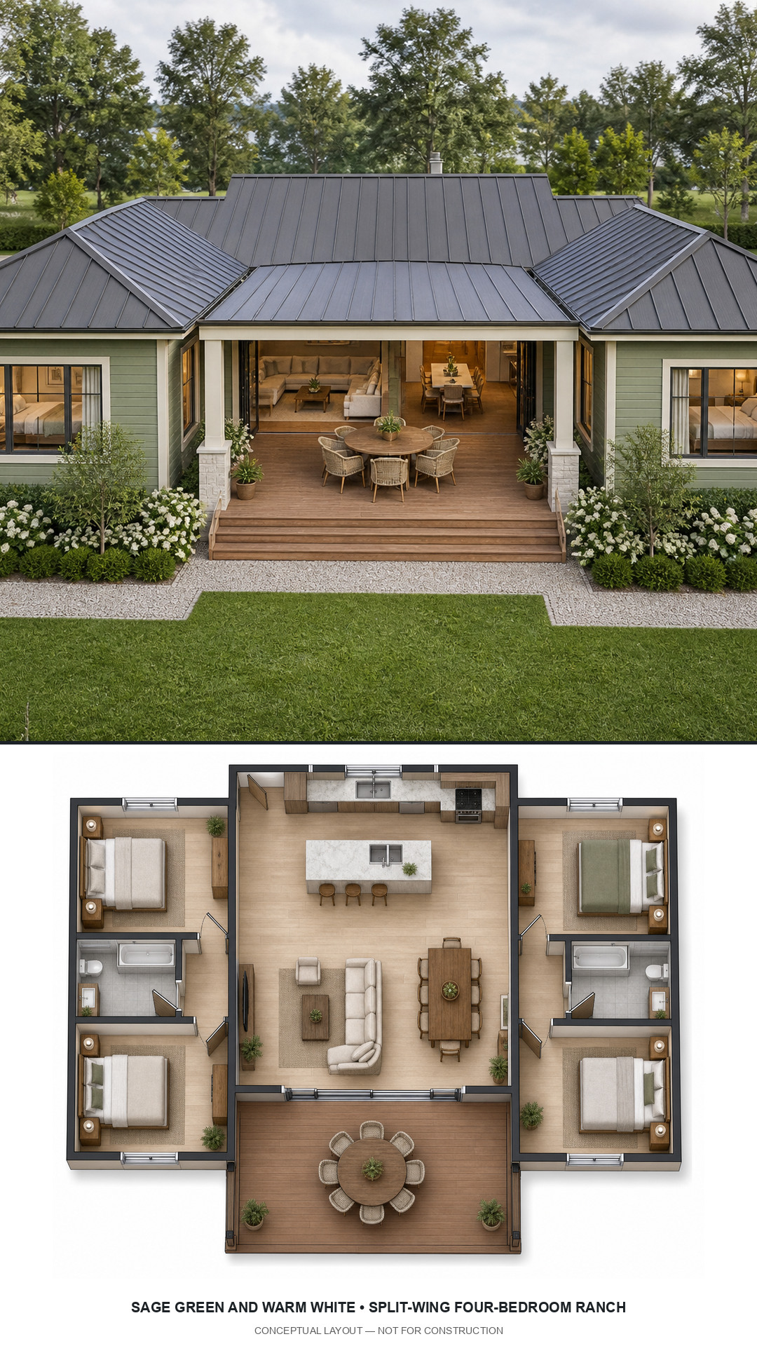 Sage Green and Warm White Split-Wing Four-Bedroom Ranch exterior and furnished conceptual floor plan