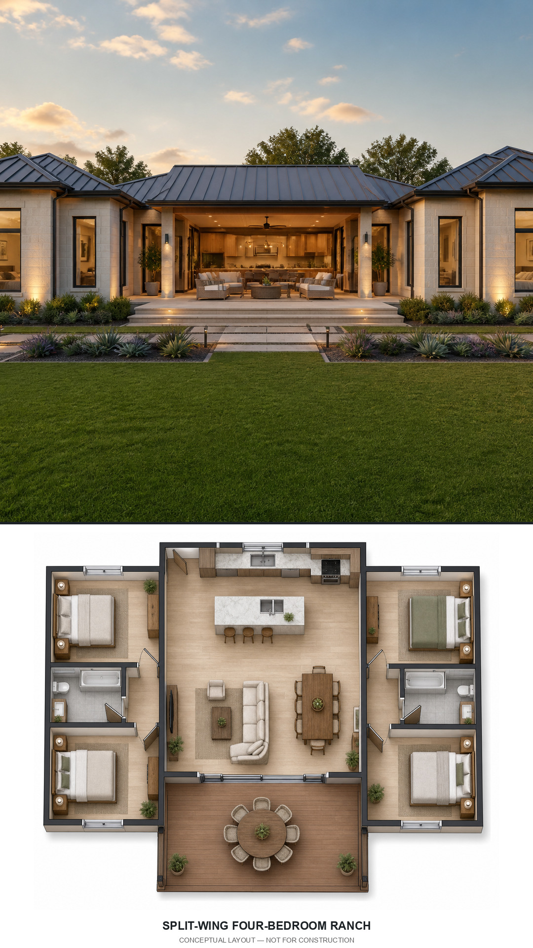 Split-Wing Four-Bedroom Ranch exterior and conceptual floor plan
