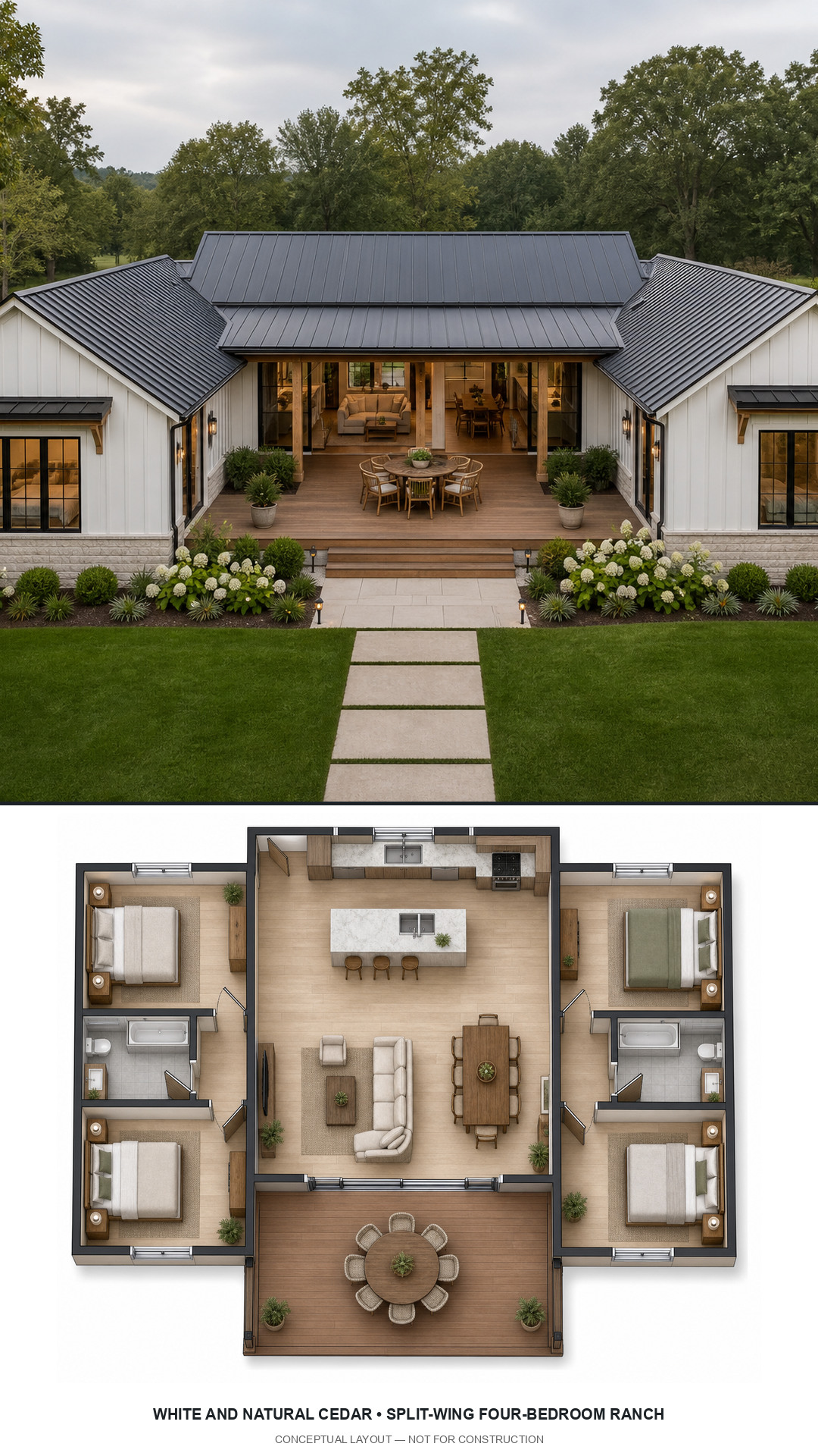 White and Natural Cedar Split-Wing Four-Bedroom Ranch exterior and furnished conceptual floor plan