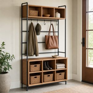 Entry Organizer With Wood Cubbies and a Steel Hook Rail