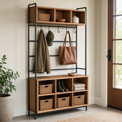 Entry Organizer With Wood Cubbies and a Steel Hook Rail