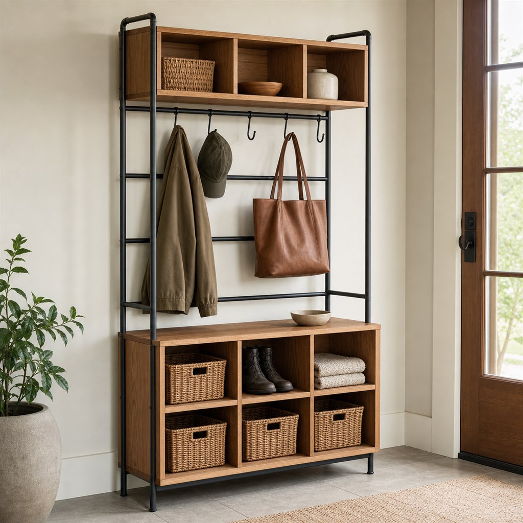 Entry Organizer With Wood Cubbies and a Steel Hook Rail