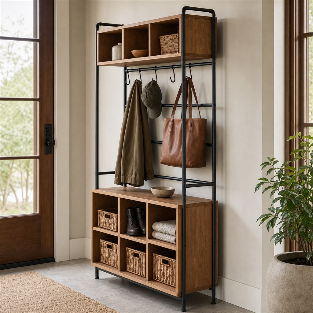 Entry Organizer With Wood Cubbies and a Steel Hook Rail - alternate full view