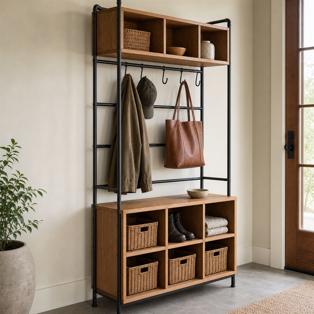 Entry Organizer With Wood Cubbies and a Steel Hook Rail - steel-frame detail