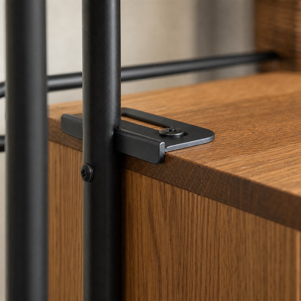 Entry Organizer With Wood Cubbies and a Steel Hook Rail - wood-to-steel interface detail