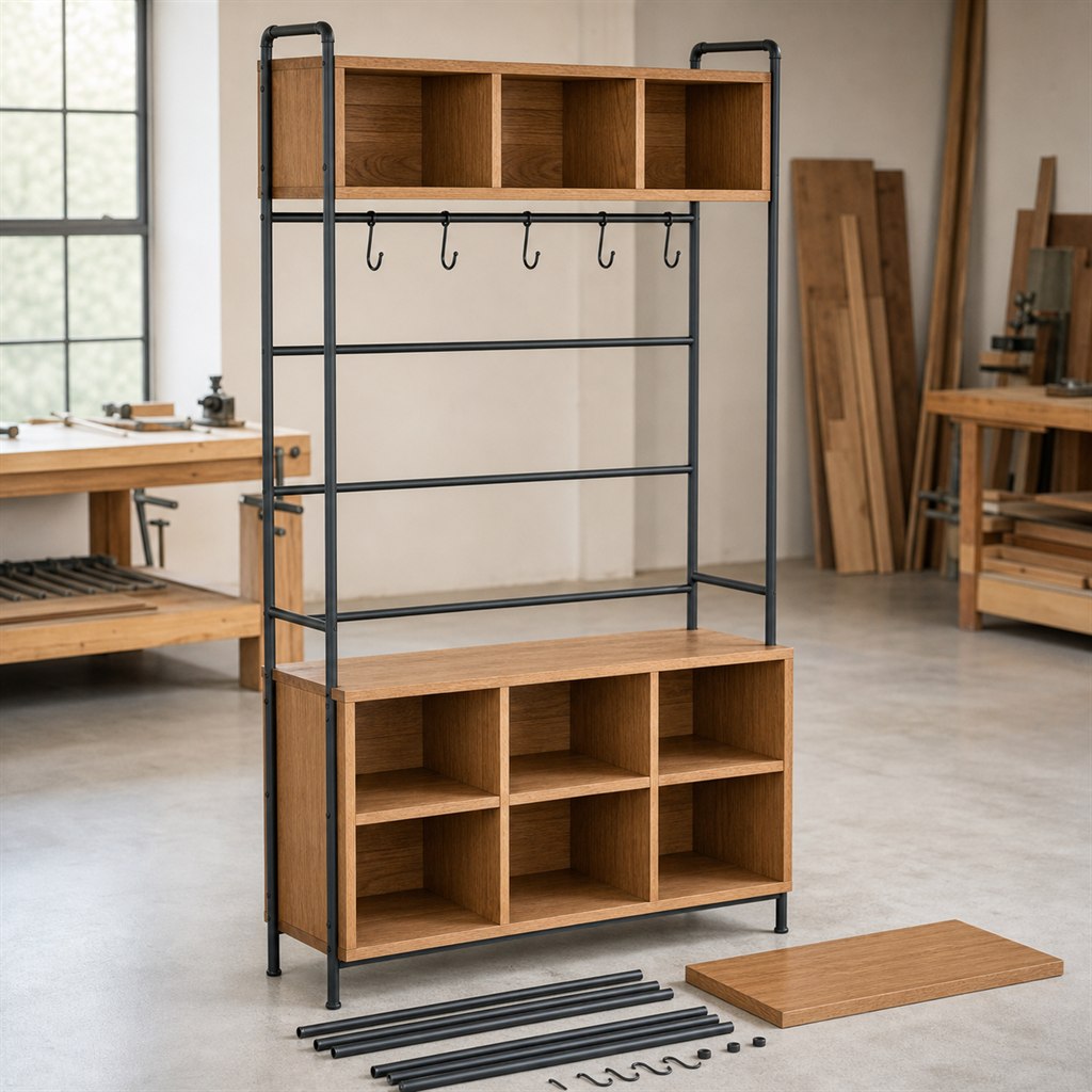 Entry Organizer With Wood Cubbies and a Steel Hook Rail - workshop dry-assembly view