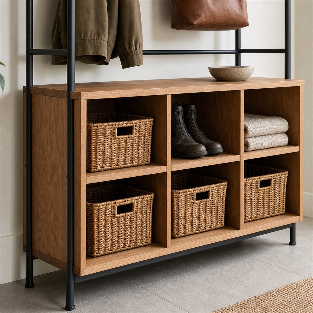 Entry Organizer With Wood Cubbies and a Steel Hook Rail - finished material detail