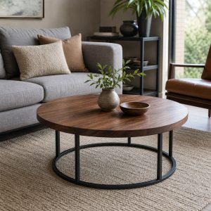 Round Walnut Coffee Table With a Steel Ring Base