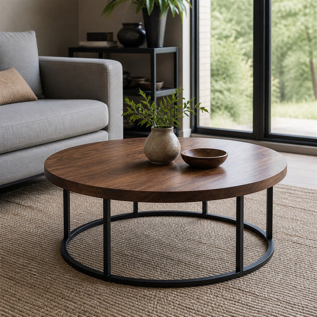 Round Walnut Coffee Table With a Steel Ring Base - alternate full view