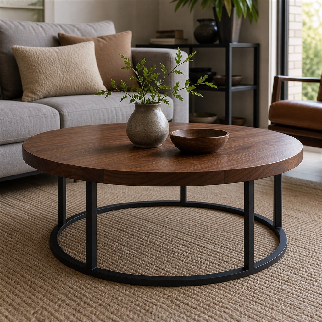 Round Walnut Coffee Table With a Steel Ring Base - steel-frame detail
