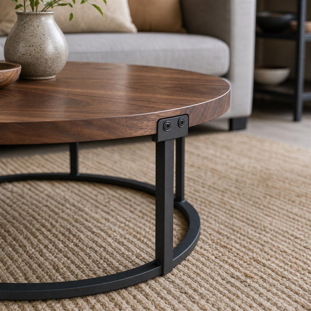 Round Walnut Coffee Table With a Steel Ring Base - wood-to-steel interface detail