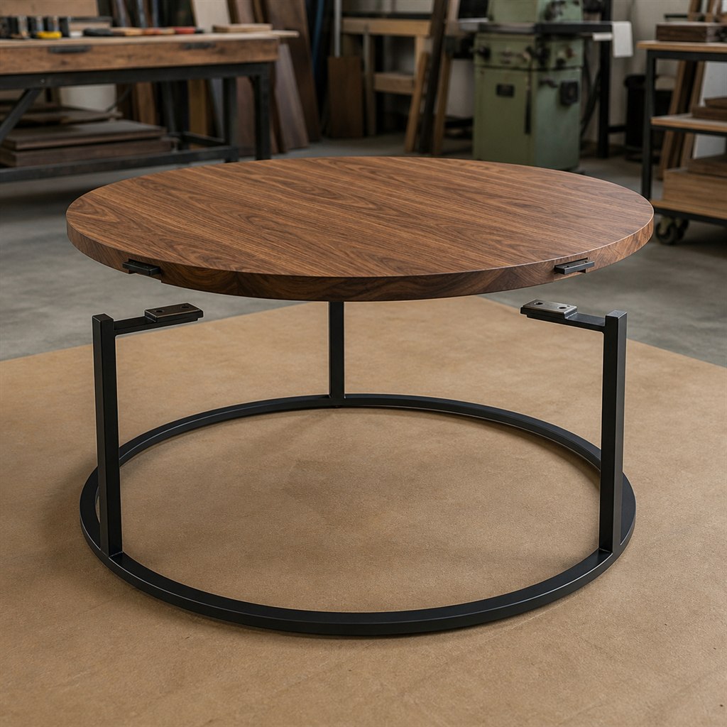 Round Walnut Coffee Table With a Steel Ring Base - workshop dry-assembly view
