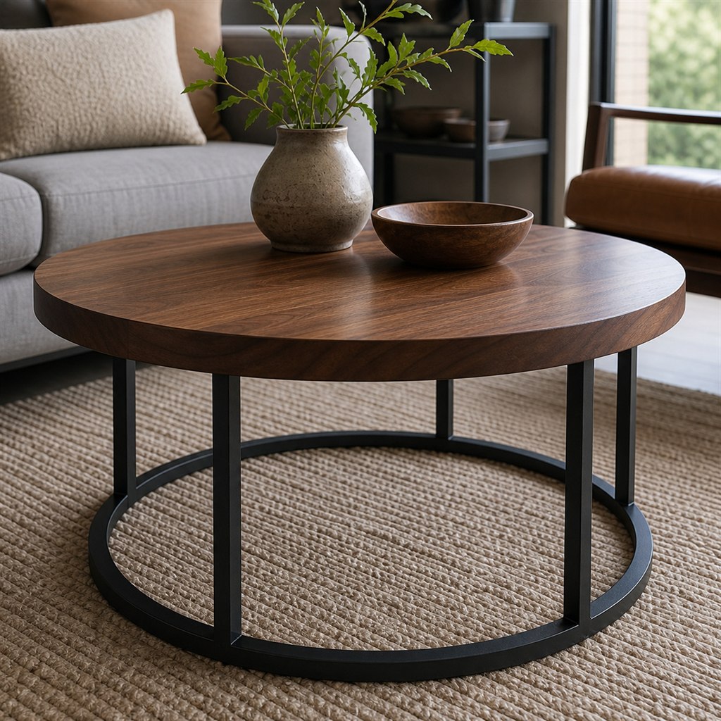 Round Walnut Coffee Table With a Steel Ring Base - finished material detail