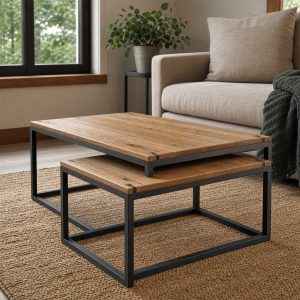 Nesting Oak Coffee Tables With Geometric Steel Frames