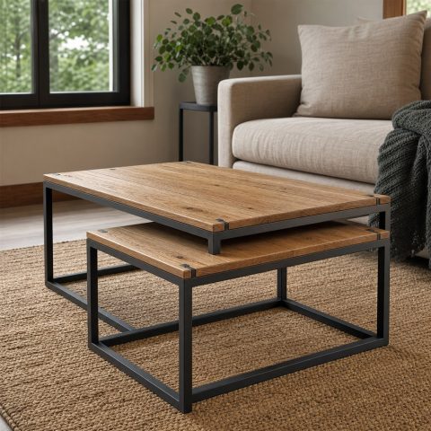 Nesting Oak Coffee Tables With Geometric Steel Frames
