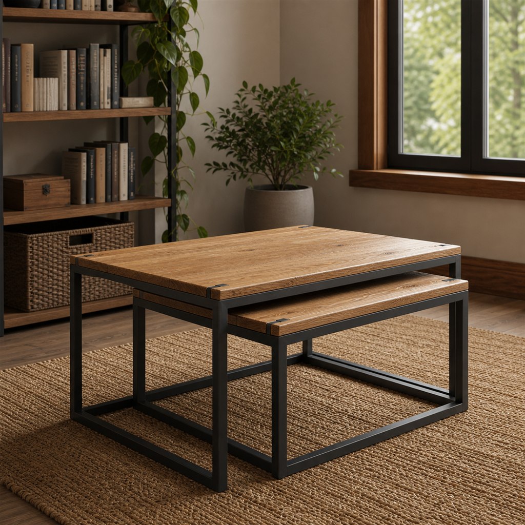 Nesting Oak Coffee Tables With Geometric Steel Frames - alternate full view