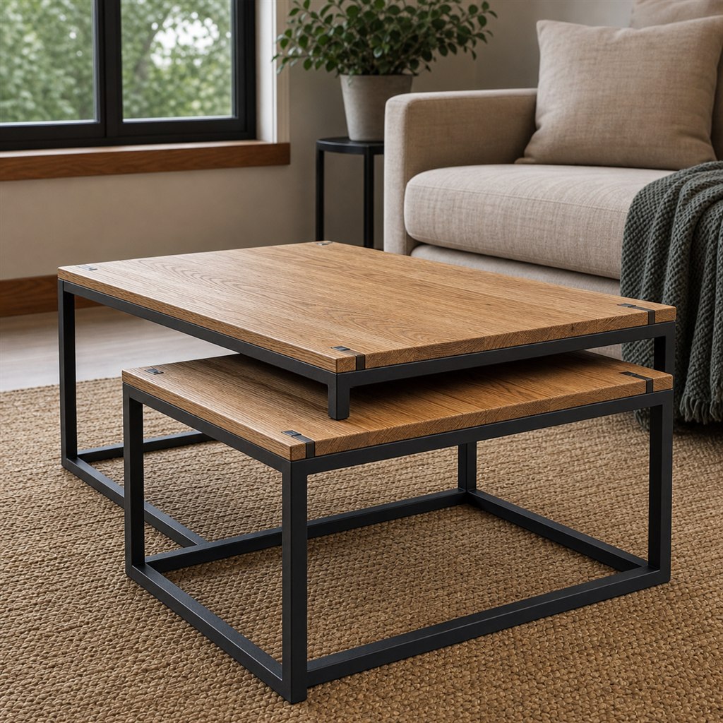 Nesting Oak Coffee Tables With Geometric Steel Frames - steel-frame detail