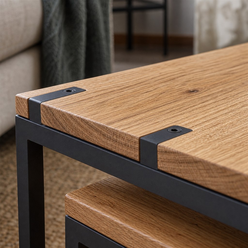 Nesting Oak Coffee Tables With Geometric Steel Frames - wood-to-steel interface detail