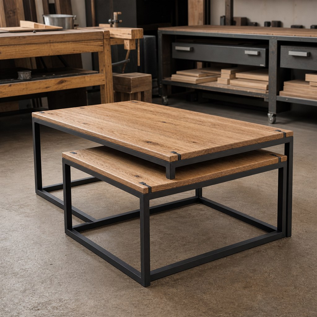 Nesting Oak Coffee Tables With Geometric Steel Frames - workshop dry-assembly view