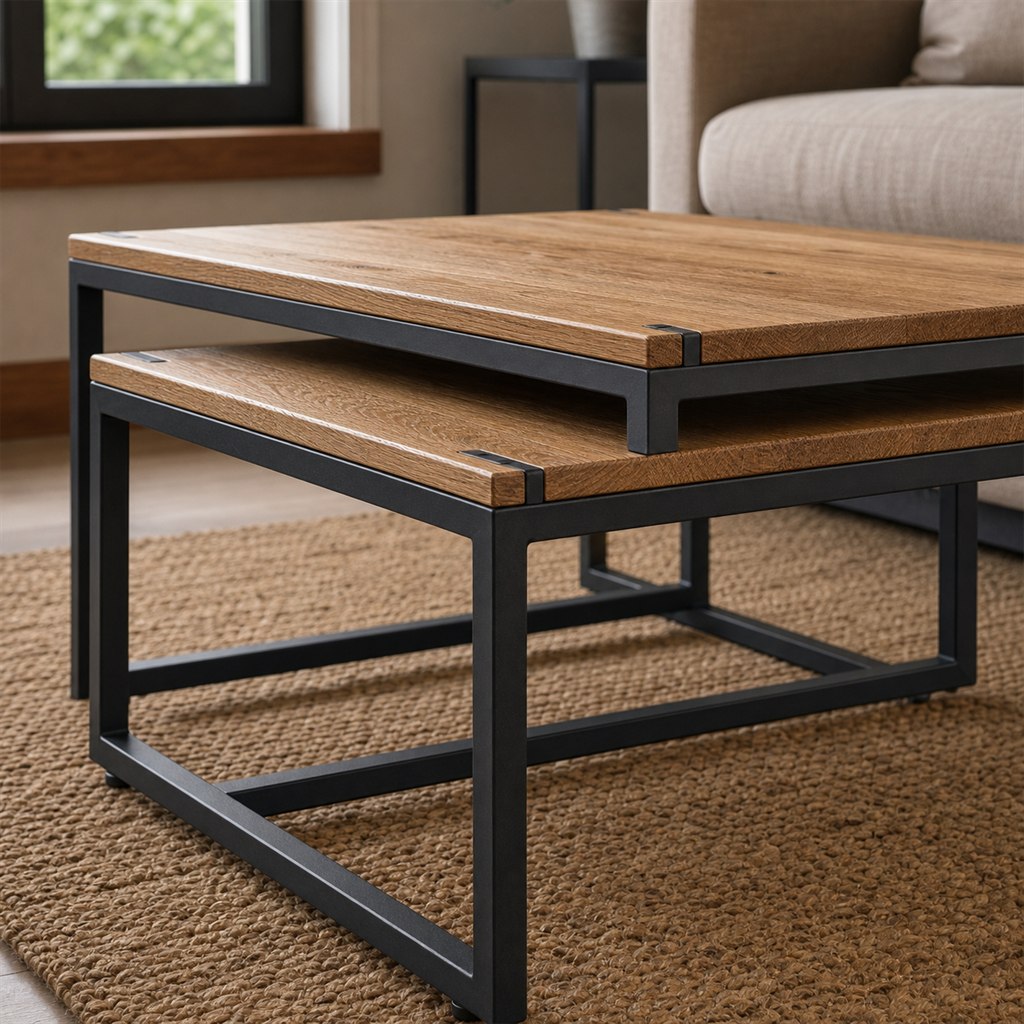 Nesting Oak Coffee Tables With Geometric Steel Frames - finished material detail
