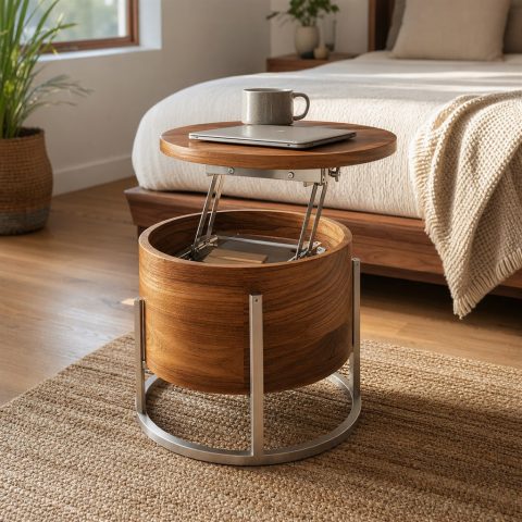 Lift-Top Coffee Table With Wood Storage and Steel Linkage