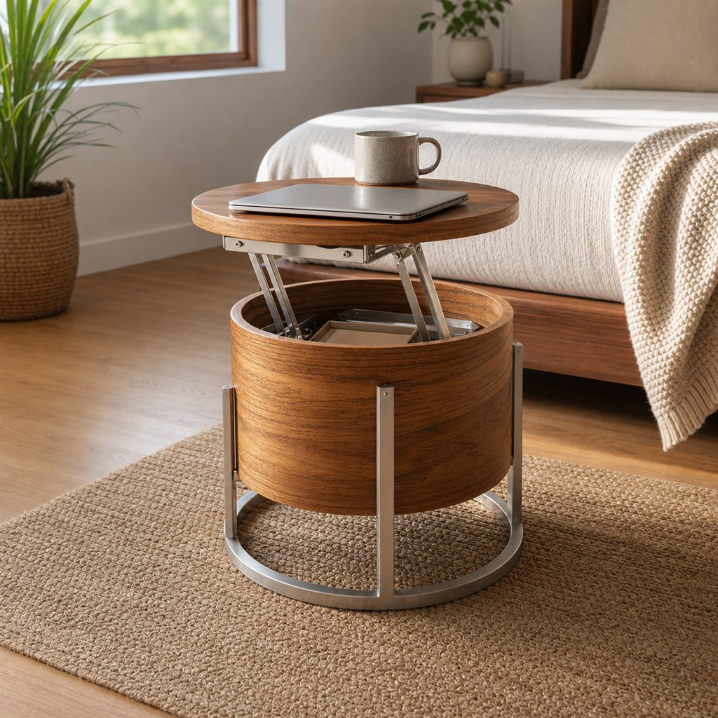 Lift-Top Coffee Table With Wood Storage and Steel Linkage - alternate full view