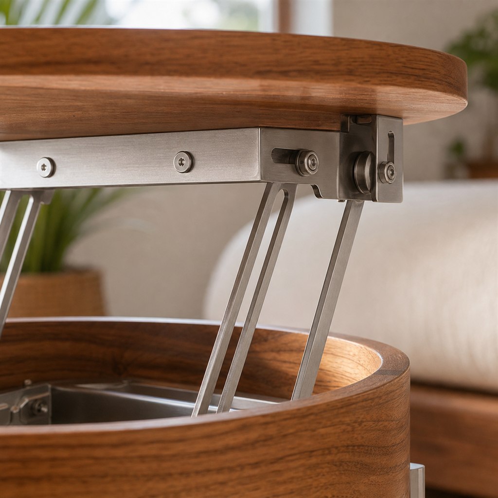 Lift-Top Coffee Table With Wood Storage and Steel Linkage - wood-to-steel interface detail