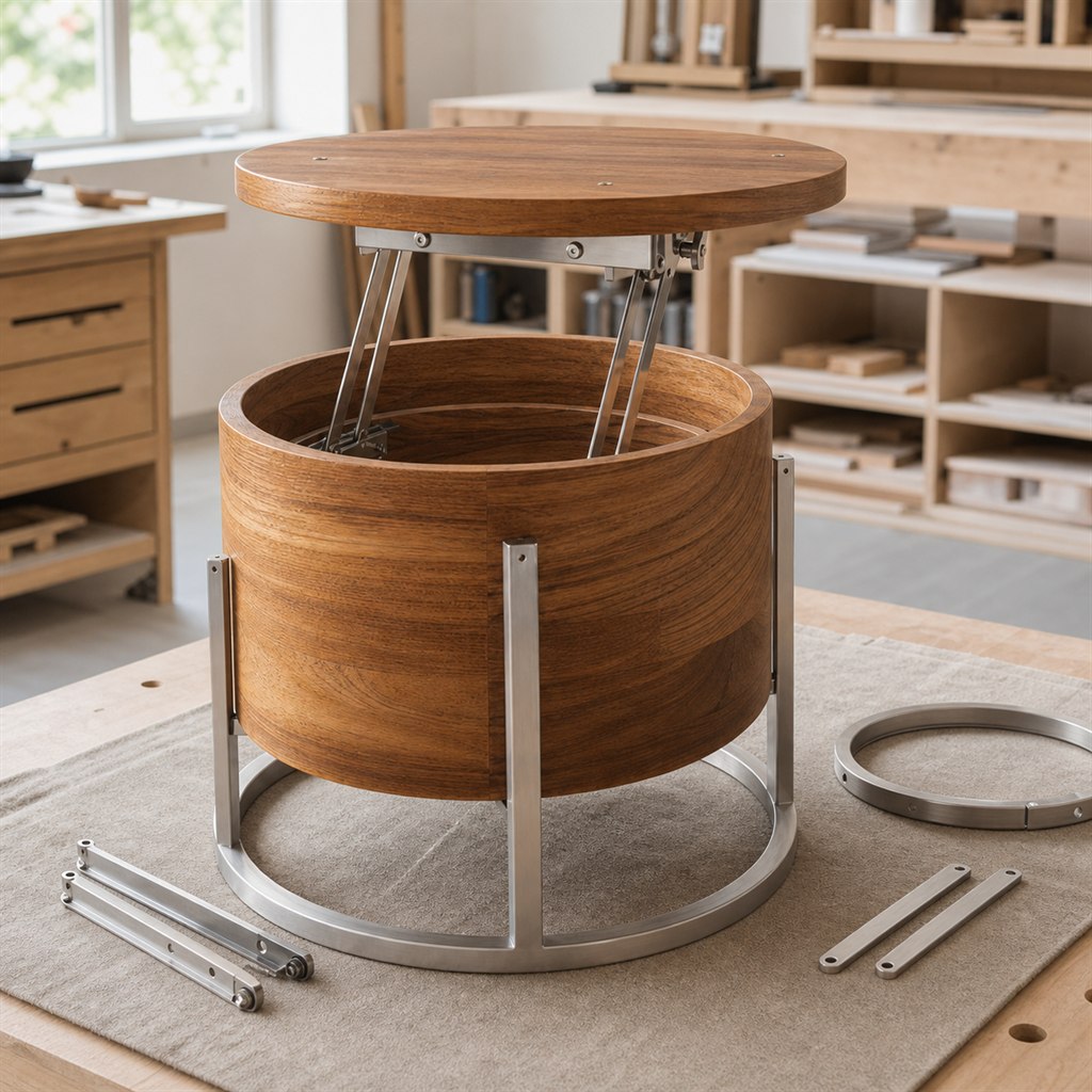 Lift-Top Coffee Table With Wood Storage and Steel Linkage - workshop dry-assembly view